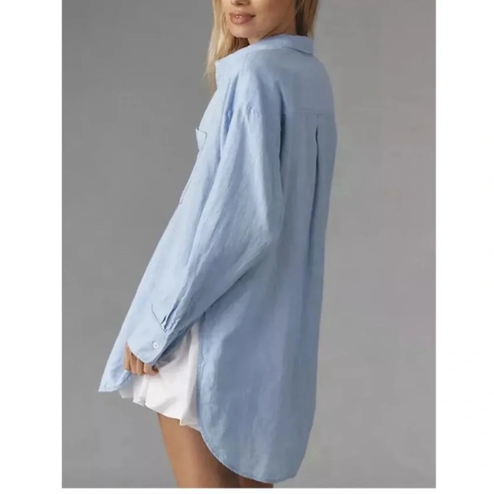 Anthropologie The Bennet Buttondown Shirt by Maeve Linen Blue MP - Picture 2 of 7